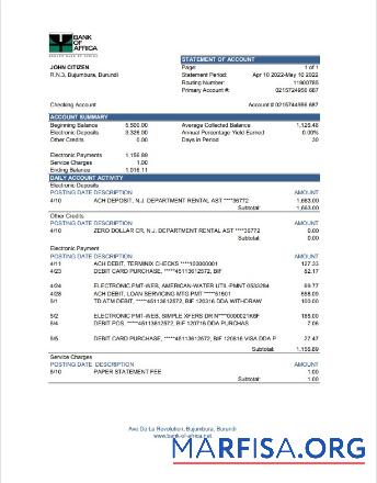 Printable Burundi Bank of Africa bank statement (AutoSum) excel example